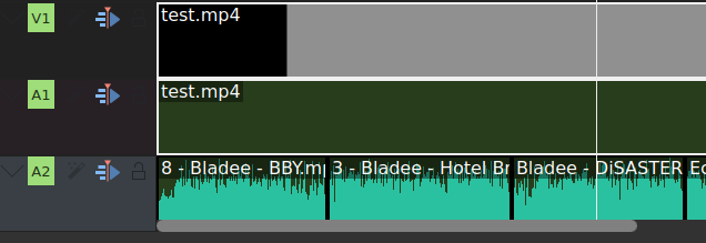 Screenshot of the Kdenlive video editor with an audio track filled with Bladee songs