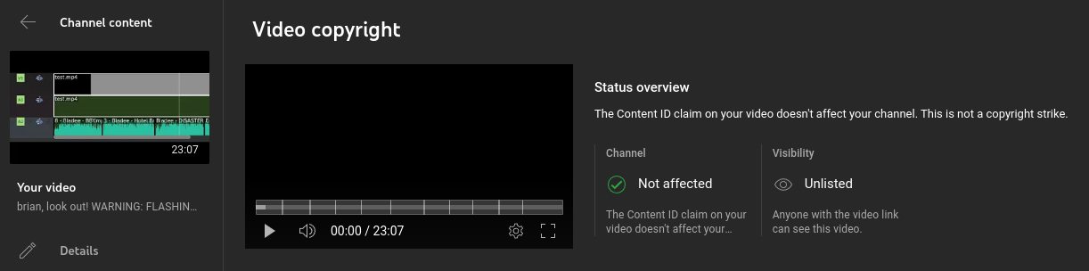 Screenshot showing the strobe effect video hasn't gotten blocked in YouTube Studio