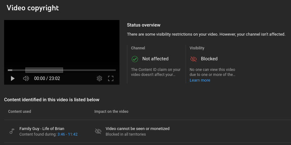 Screenshot of YouTube Studio, showing an audio claim for Family Guy - Life of Brian, blocking the video in all territories