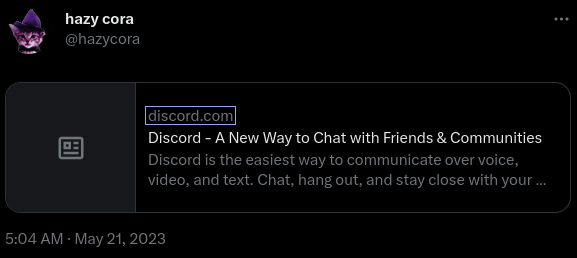 A Tweet displaying a summary card linking to discord.com