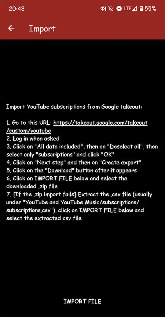 Screenshot of the NewPipe app's explanation on how to use Google Takeout.