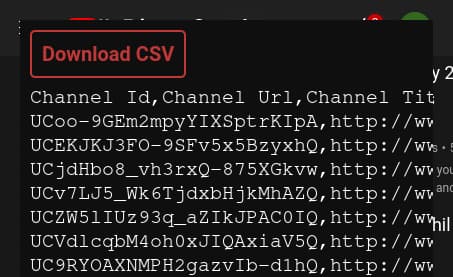 A red button reading 'Download CSV', above a list of YouTube Channel IDs and Channel URLs.